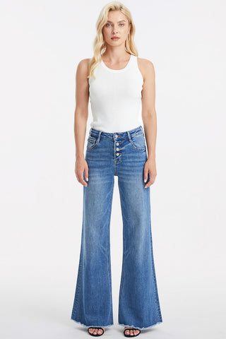 BAYEAS Full Size High Waist Button-Fly Raw Hem Wide Leg Jeans Trendsi