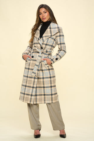 Coalition LA Double-Breasted Plaid Coat with Belt Trendsi