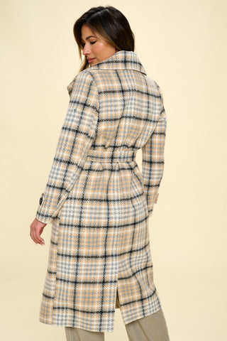 Coalition LA Double-Breasted Plaid Coat with Belt Trendsi