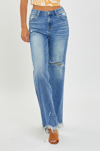 RISEN Full Size High Rise Frayed Hem Wide Leg Jeans Trendsi