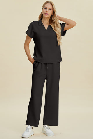 Double Take Full Size Collared Neck Short Sleeve Top and Pants Set Trendsi