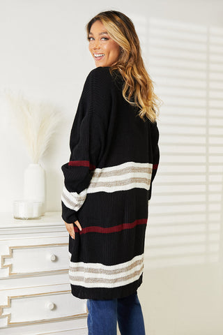 Perfee Striped Rib-Knit Drop Shoulder Open Front Cardigan Trendsi