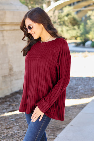 Basic Bae Full Size Ribbed Round Neck Long Sleeve Knit Top Trendsi