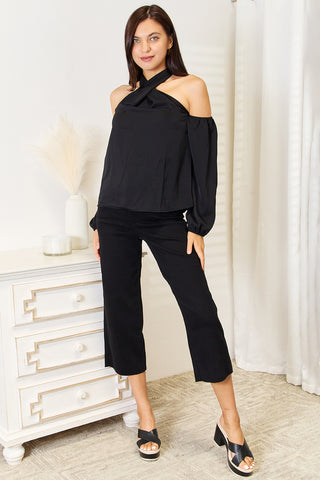 Perfee Grecian Cold Shoulder Long Sleeve Blouse Trendsi