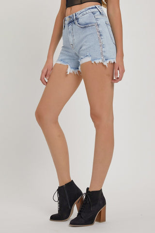 RISEN Full Size High Rise Rhinestone Strap Embellished Denim Shorts Trendsi