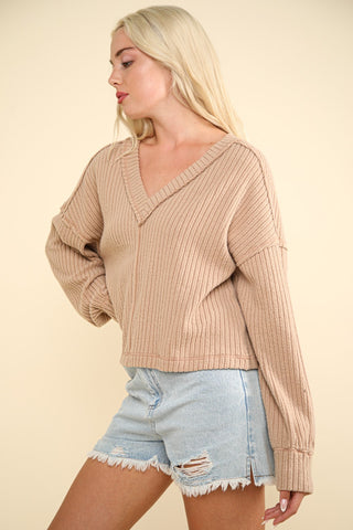 VERY J Exposed Seam V-Neck Ribbed Knit Top Trendsi