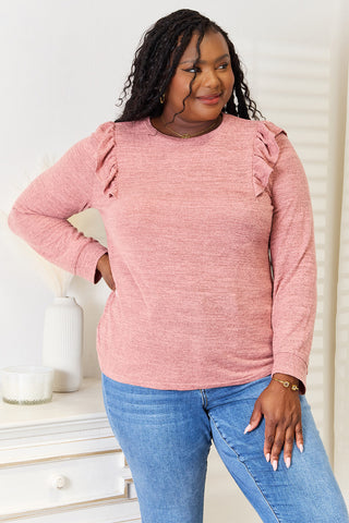 Double Take Ruffle Shoulder Long Sleeve T-Shirt Trendsi