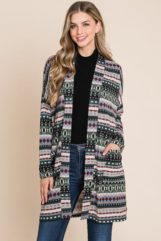 BOMBOM Geometric Open Front Long Sleeve Cardigan with Pockets Trendsi