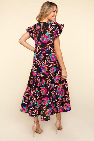 Haptics Ruffled Printed Round Neck Cap Sleeve Dress Trendsi