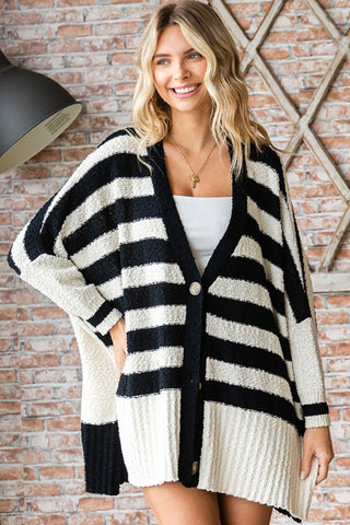 First Love Textured Striped Button Down Cardigan Trendsi