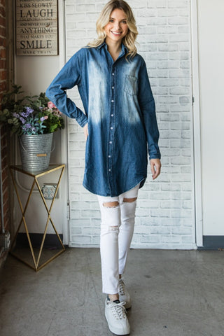 Veveret Pocketed Button Up Washed Denim Shirt Trendsi