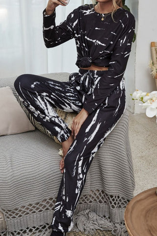 Shiny Tie-Dye Round Neck Top and Drawstring Waist Joggers Lounge Set Trendsi