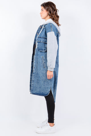 American Bazi Contrast Longline Hooded Denim Jacket Trendsi