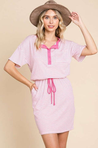 Culture Code Full Size Striped Short Sleeve Mini Dress with Pockets Trendsi