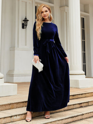 Tie Front Round Neck Long Sleeve Maxi Dress Trendsi