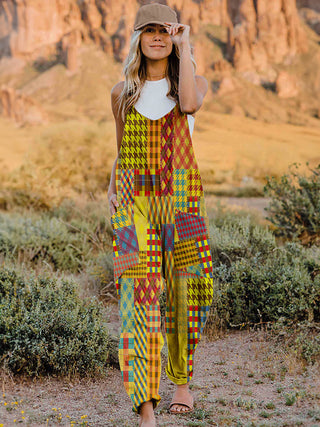 Full Size Printed V-Neck Sleeveless Jumpsuit Trendsi