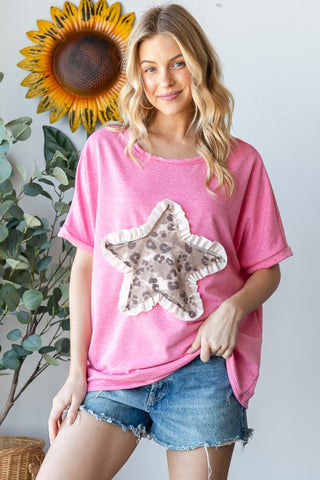 HOPELY Leopard Star Patch Short Sleeve T-Shirt Trendsi