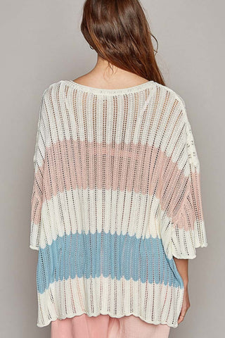 POL V-Neck Short Sleeve Stripe Weave Sweater Trendsi