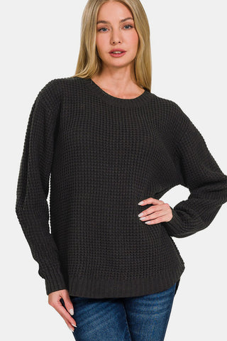 Zenana High Low Long Sleeve Waffle Sweater Trendsi