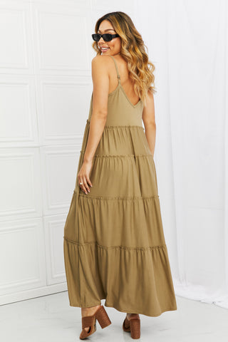 Zenana Full Size Spaghetti Strap Tiered Dress with Pockets in Khaki Trendsi