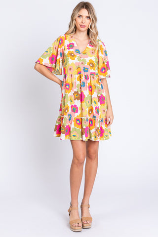 GeeGee Floral V-Neck Ruffle Hem Mini Dress Trendsi