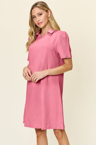 Double Take Full Size Texture Collared Neck Short Sleeve Dress Trendsi