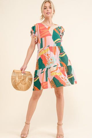 And The Why Printed Double Ruffle Sleeve Dress Trendsi