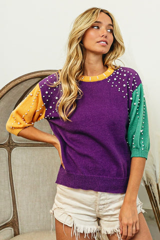 BiBi Color Block Pearl Detail Round Neck Sweater Trendsi