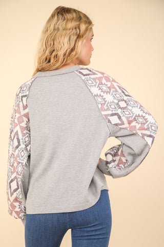 VERY J Printed Long Sleeve Round Neck Knit Top Trendsi