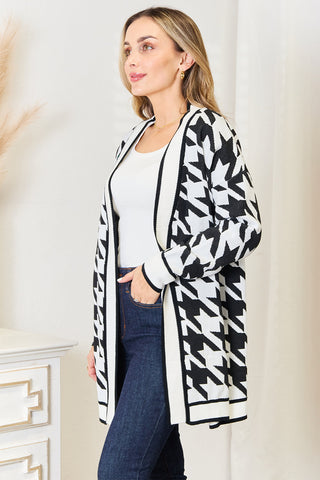 Mandy Woven Right Houndstooth Open Front Longline Cardigan Trendsi