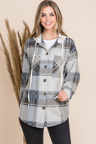 Reborn J Plaid Button Up Drawstring Hooded Jacket Trendsi