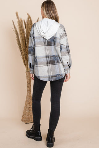 Reborn J Plaid Button Up Drawstring Hooded Jacket Trendsi