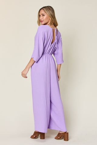 Double Take Full Size Surplice Wide Leg Jumpsuit with Pockets Trendsi