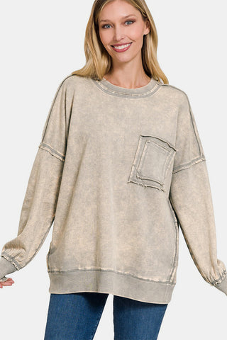 Zenana Exposed Seam Round Neck Dropped Shoulder Sweatshirt Trendsi