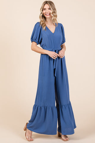 GeeGee Full Size V-Neck Belted Wide Leg Jumpsuit Trendsi