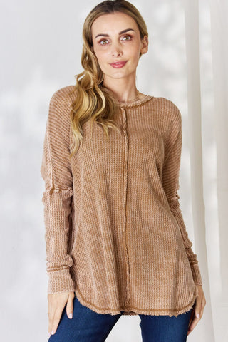 Zenana Oversized Washed Waffle Long Sleeve Top Trendsi