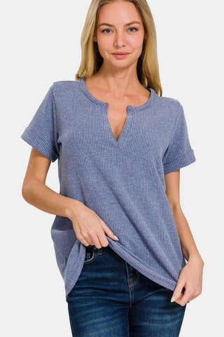 Zenana Notched Short Sleeve Waffle T-Shirt Trendsi