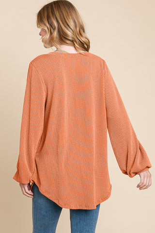 BOMBOM Long Sleeve Curved Hem Ribbed T-Shirt Trendsi