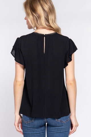 ACTIVE BASIC Ruffle Short Sleeve Crochet Blouse Trendsi