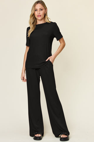 Double Take Full Size Round Neck Short Sleeve T-Shirt and Wide Leg Pants Set Trendsi