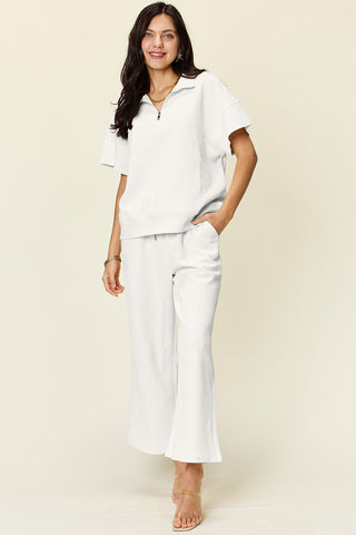 Double Take Full Size Texture Half Zip Short Sleeve Top and Pants Set Trendsi