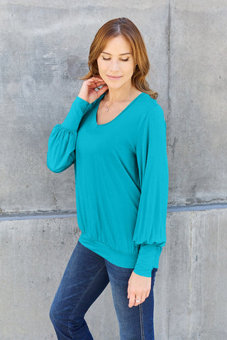 Basic Bae Full Size V-Neck Lantern Sleeve Top Trendsi