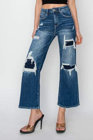 Risen Full Size High Rise Patch Detailed Wide Leg Crop Jeans Trendsi