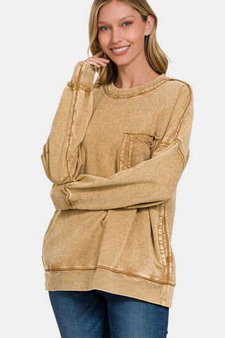 Zenana Exposed Seam Round Neck Dropped Shoulder Sweatshirt Trendsi