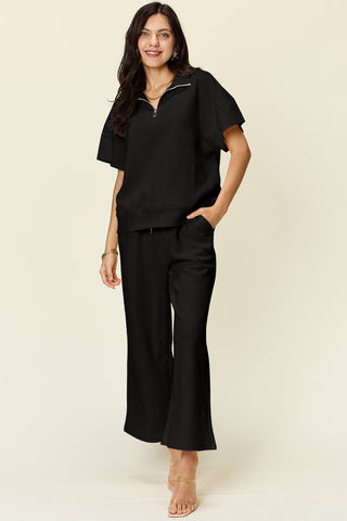 Double Take Full Size Texture Half Zip Short Sleeve Top and Pants Set Trendsi