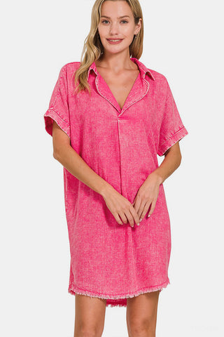 Zenana Washed Linen V-Neck Raw Hem Dress Trendsi