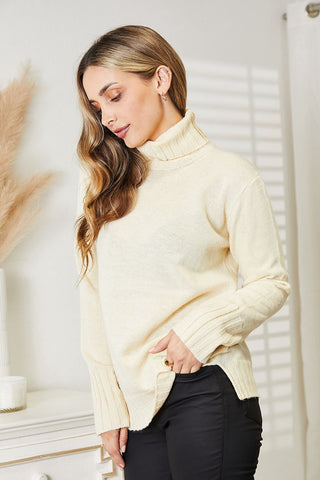 Heimish Full Size Long Sleeve Turtleneck Sweater with Side Slit Trendsi