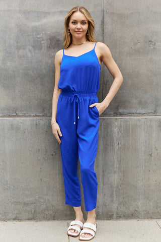 ODDI Full Size Textured Woven Jumpsuit in Royal Blue Trendsi