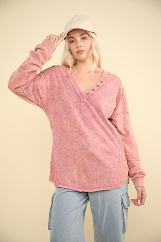 VERY J Washed V-Neck Exposed Seam Knit Top Trendsi