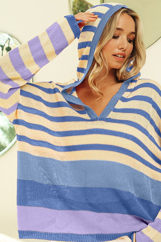 BiBi Striped Color Block Hooded Knit Top Trendsi